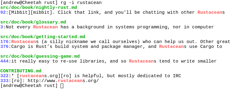 A screenshot of a sample search with ripgrep 
