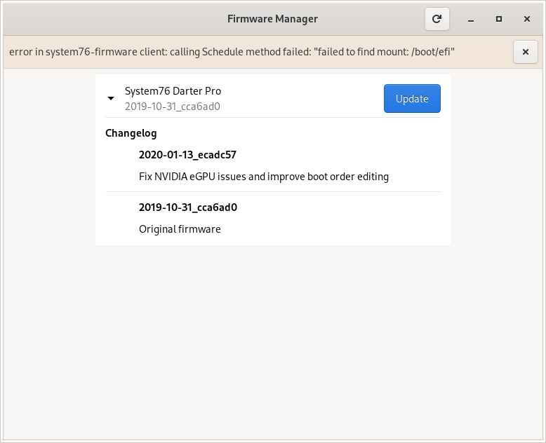 calling Schedule method failed: “failed to find mount: /boot/efi”